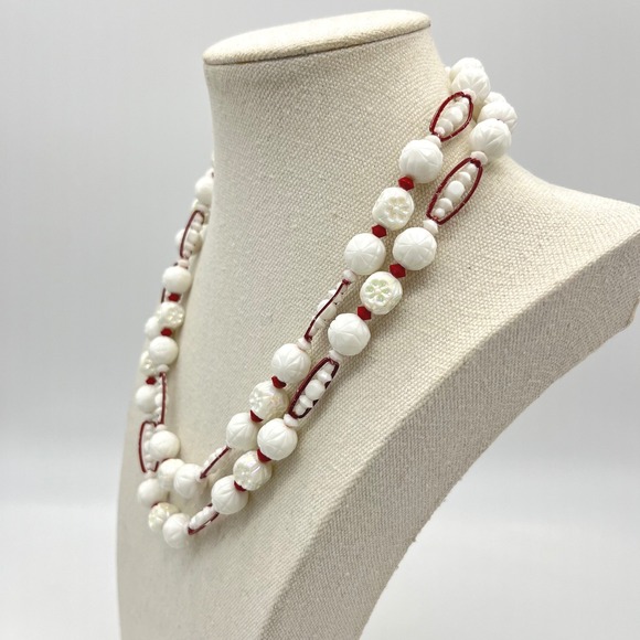 West Germany Two Strand White Bead Necklace Red Accents Ornate Gold Tone Clasp - Picture 2 of 9
